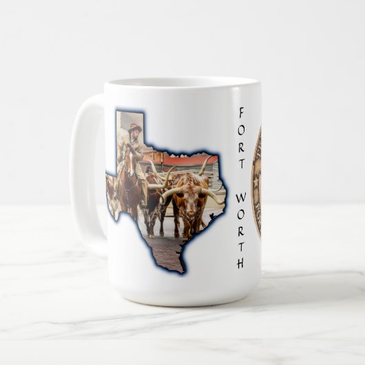 Fort Worth Stock Yards Texas Grafisch op wit, Mok (Voorkant links)