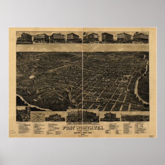 Fort Worth Texas 1886 Antiek Panorama Poster (Voorkant)