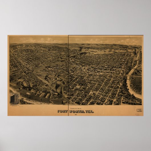 Fort Worth Texas 1891 Antiek Panorama Poster (Voorkant)