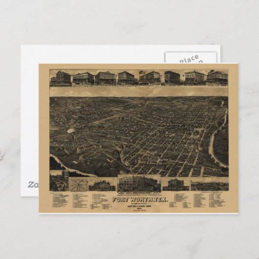 Fort Worth, Texas Birds Eye Uitzicht 1886 Briefkaart (Voorkant / Achterkant)