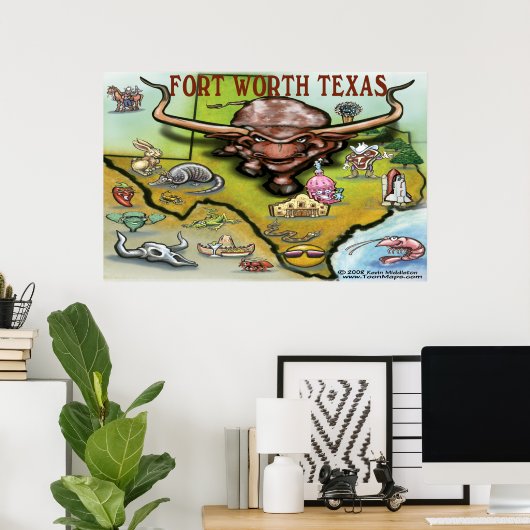 Fort Worth TEXAS-kaart Poster (Thuiskantoor)