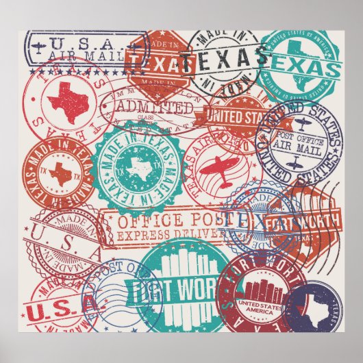 Fort Worth Texas: reispostzegels. Poster (Voorkant)