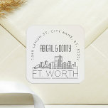 Fort Worth Wedding | Afdichting van vooraf geadres Vierkante Sticker<br><div class="desc">Bespaar tijd en maak indruk tijdens het versturen van uw huwelijksuitnodigingen. Deze voorgeadresseerde envelop sealvormige stickers cadeaus zich in een elegante maar moderne deco-thema stijl en zijn voorzien van een illustratie van de stad Fort Worth en zijn unieke skyline. De neutrale kleuren zijn geschikt om een verscheidenheid van huwelijksuitnodigingen en...</div>
