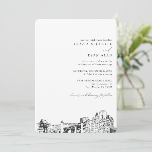 Fort Worth Wedding Skyline schets uitnodiging (Staand voorkant)