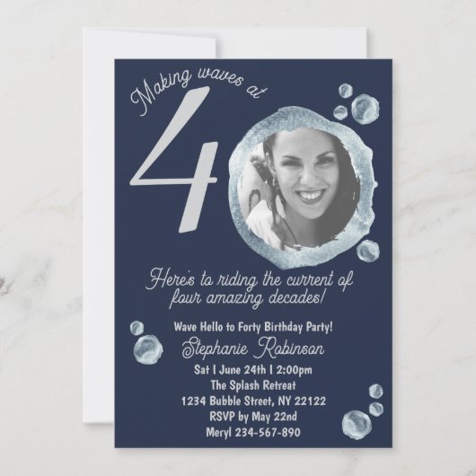 Fortieth Water Bubbles Birthday Party Invitation Kaart (Voorkant)