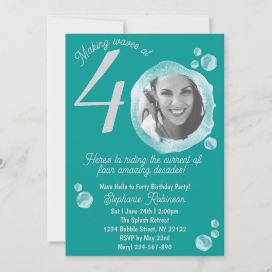 Fortieth Water Bubbles Birthday Party Invitation Kaart (Voorkant)