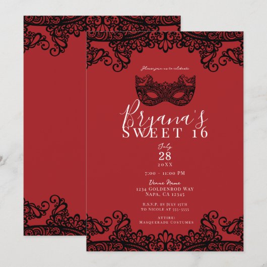 Fortune Red Black Lace Masquerade Sweet 16 Party Kaart (Voorkant / Achterkant)