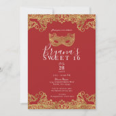 Fortune Red & Gold Lace Masquerade Sweet 16 Party Kaart (Voorkant)