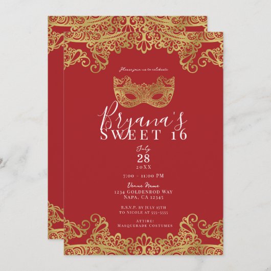 Fortune Red & Gold Lace Masquerade Sweet 16 Party Kaart (Voorkant / Achterkant)