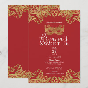 Fortune Red & Gold Lace Masquerade Sweet 16 Party Kaart