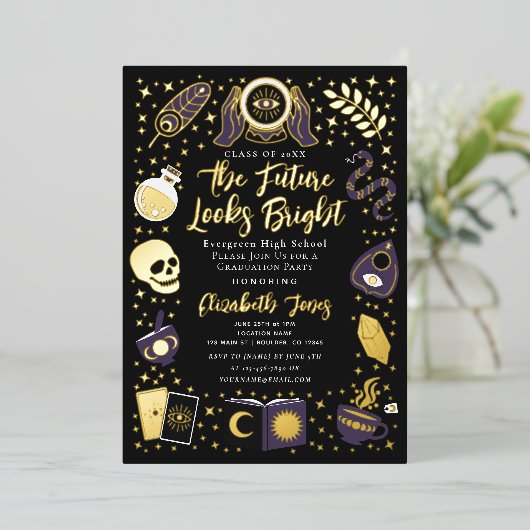 Fortune Teller Future Witchy Graduparty Folie Uitnodiging (Staand Voorkant)