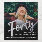 Forty 40th Birthday photo script silver black Wijn Etiket (Enkel label)