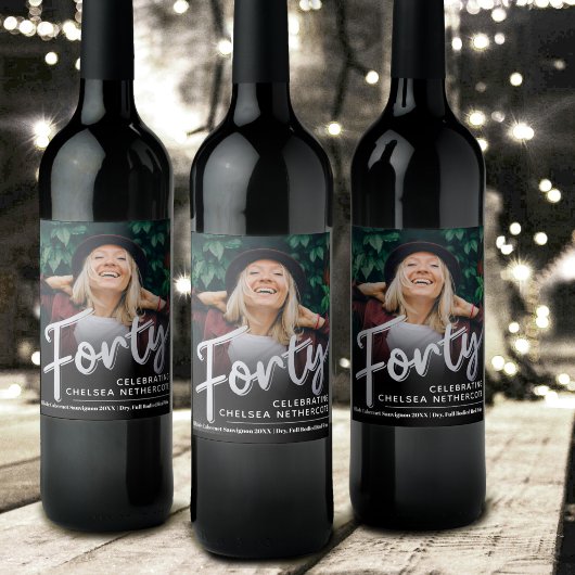 Forty 40th Birthday photo script silver black Wijn Etiket