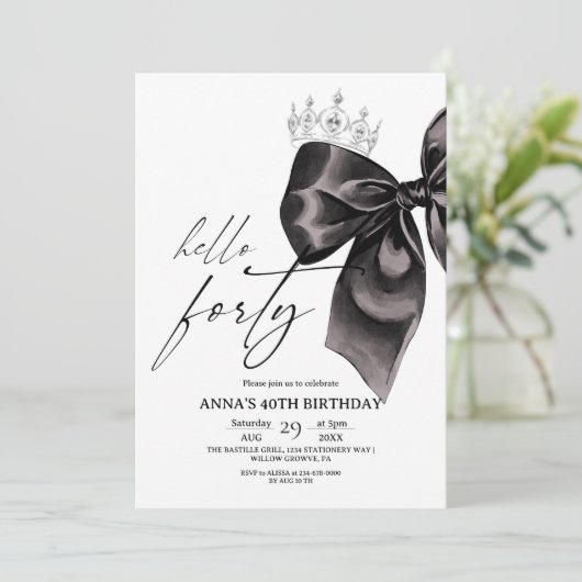 Forty Black Bow 40th Birthday Invitation Kaart (Staand voorkant)