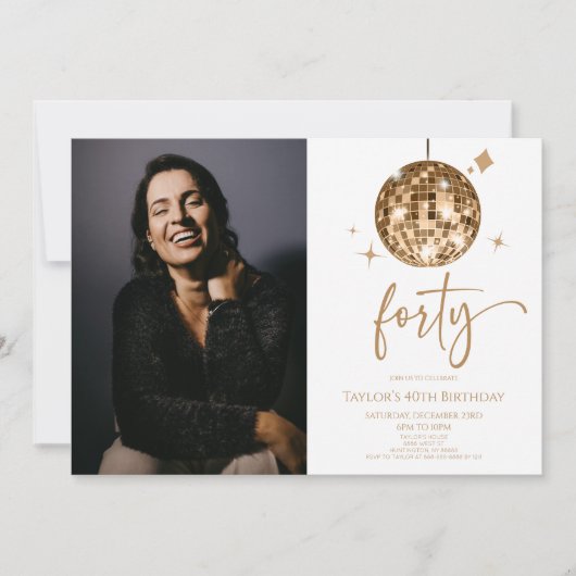 Forty Gold Disco Ball Photo 40th Birthday Party Kaart (Voorkant)