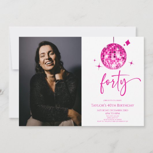 Forty Pink Disco Ball Photo 40th Birthday Party Kaart (Voorkant)