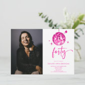 Forty Pink Disco Ball Photo 40th Birthday Party Kaart (Staand voorkant)