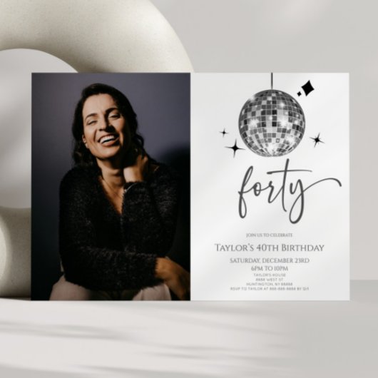 Forty Silver Disco Ball Photo 40th Birthday Party Kaart