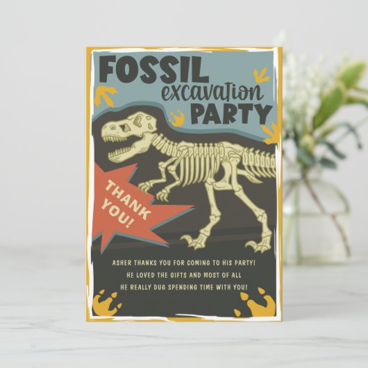 Fossil Excavation Dinosaur Birthday Party Bedankkaart (Staand voorkant)