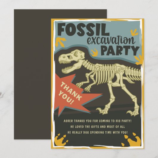 Fossil Excavation Dinosaur Birthday Party Bedankkaart (Voorkant / Achterkant)