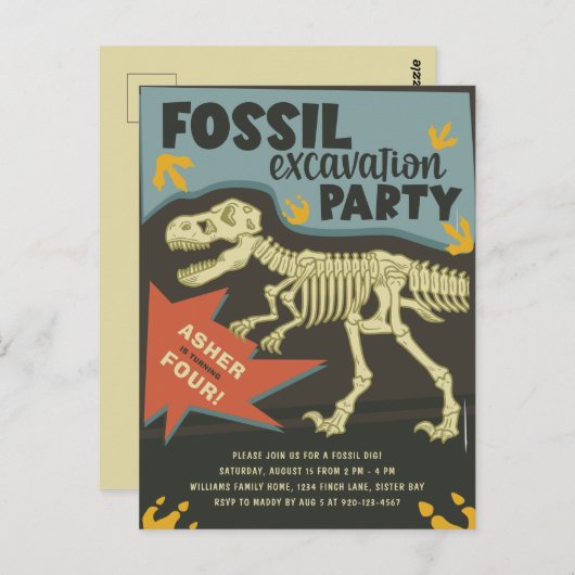 Fossil Excavation Dinosaur Birthday Party Briefkaart (Voorkant / Achterkant)
