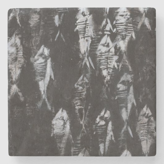 Fossil White Fish op zwarte achtergrond Stenen Onderzetter (Voorkant)