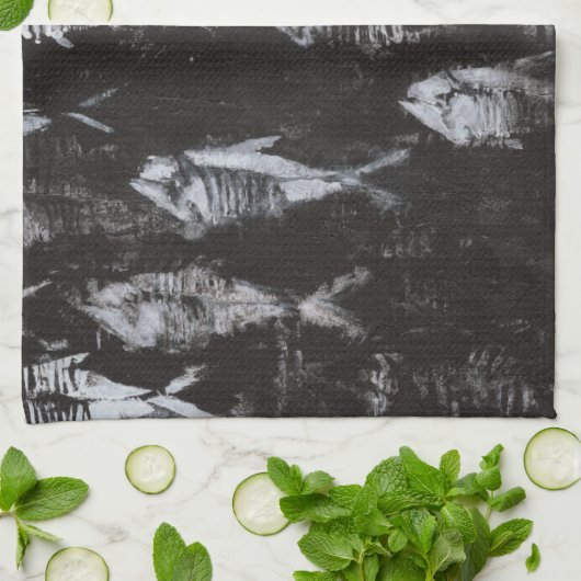 Fossil White Fish op zwarte achtergrond Theedoek (Gevouwen)