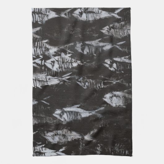 Fossil White Fish op zwarte achtergrond Theedoek (Verticaal)