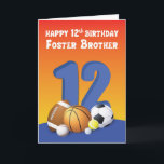 Foster Brother 12th Birthday Sports Balls Kaart<br><div class="desc">"Happy 12th Birthday Foster Brother" staat op de voorkant boven het grote getal 12 en het collectie van verschillende sportballen. De enige en enige kaart om je sportliefhebber een pleegbroer te geven voor zijn aanstaande verjaardag.</div>