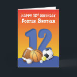Foster Brother 12th Birthday Sports Balls Kaart<br><div class="desc">"Happy 12th Birthday Foster Brother" staat op de voorkant boven het grote getal 12 en het collectie van verschillende sportballen. De enige en enige kaart om je sportliefhebber een pleegbroer te geven voor zijn aanstaande verjaardag.</div>