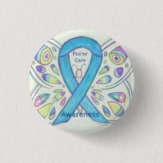 Foster Care Blue Butterfly Awareness Ribbon Pin Ronde Button 3,2 Cm (Voorkant)