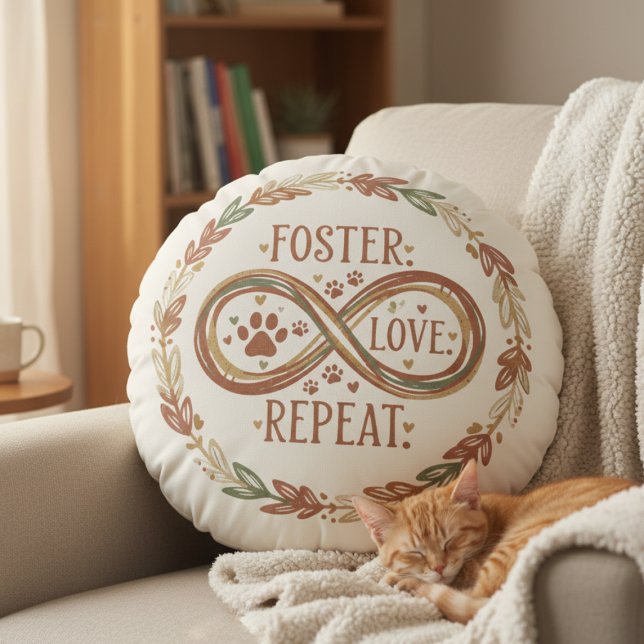 Foster Love Repeat voor Pet Fosters Rond Kussen (Personalized pet foster pillow)