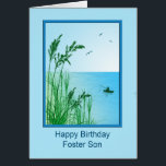 Foster Son Birthday Zee Gevist<br><div class="desc">Een heerlijke zee visscène. Een geweldige verjaardagskaart voor een pleegzoon die van vissen houdt, of gewoon van het zee houdt. Tall grasses lijst een uitzicht van een kalme oceaan met een kleine boot en een man vissen. Het binnenvers heeft de wens van de visser om geluk te wensen "strakke lijnen"....</div>