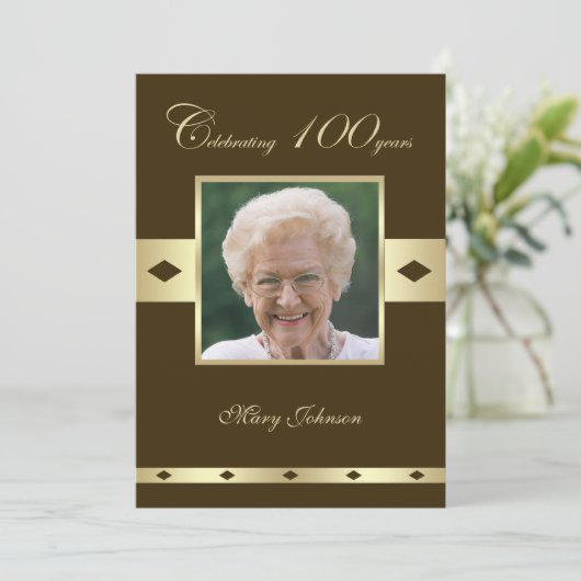 Foto 100e verjaardag Party uitnodiging bruin (Staand voorkant)