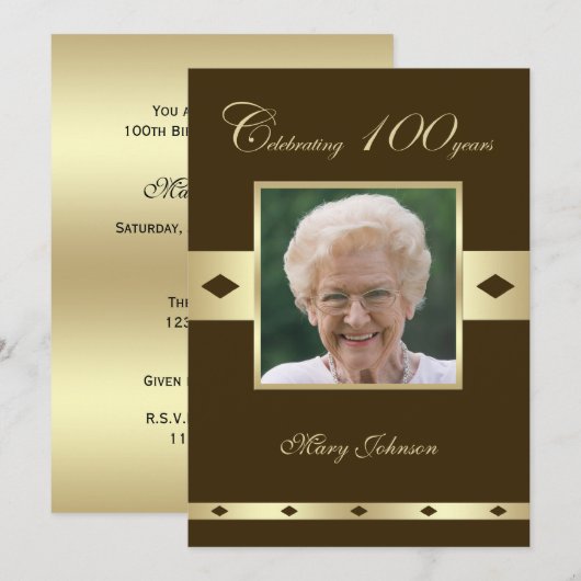 Foto 100e verjaardag Party uitnodiging bruin (Voorkant / Achterkant)