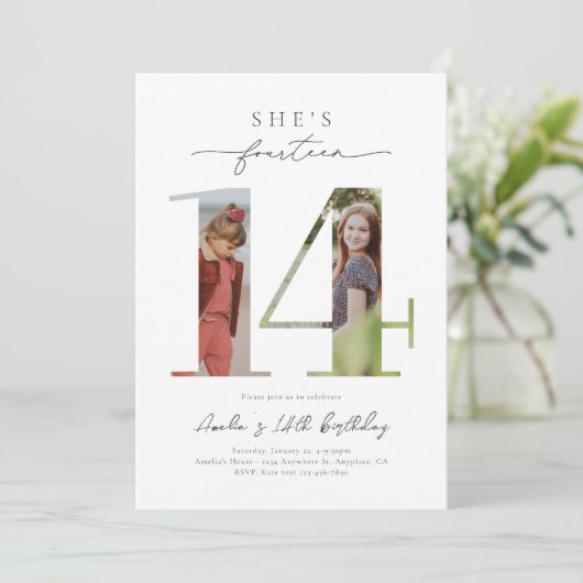 Foto 14e verjaardag uitnodiging (Staand voorkant)