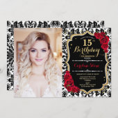 Foto 15e Verjaardagsfeest Rood Goud Zwart Damask Kaart (Voorkant / Achterkant)