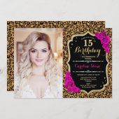 Foto 15e verjaardagsfeest roze gouden luipaard pri kaart (Voorkant / Achterkant)