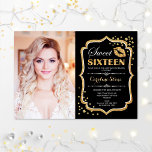 Foto: 16 oktober - Gold Black Kiss Kaart<br><div class="desc">Foto: 16 oktober. Zoiets zestien verjaardagsfeestdagen met je foto. Kenmerkt manuscriptdoopvont,  lippen kus en confetti. Zwart ontwerp met faux glitter Gold van kleur. Ideaal voor een elegante glam,  zoete 16de dag viering.</div>