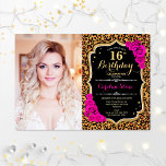 Foto 16e verjaardag Pink Gold Leopard Print Kaart<br><div class="desc">Leopard print 16e verjaardagsfeestuitnodiging met je foto. Kenmerken het cheetah patroon,  het manuscriptdoopvont,  de fuchsia rozen en confetti. Klein zwart wit roze design met faux glitter Gold. Ideaal voor een elegante dierenkopper die zestien feestdagen lief is.</div>