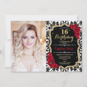 Foto: 16e verjaardag Red Gold Black Damask Kaart (Voorkant)