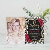 Foto: 16e verjaardag Red Gold Black Damask Kaart (Staand voorkant)