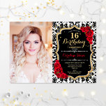 Foto: 16e verjaardag Red Gold Black Damask Kaart<br><div class="desc">16e verjaardag uitnodiging met je foto. Kenmerken demask,  script font,  red roses and confetti. Klein zwart wit rood met faux glitter Gold. Ideaal voor een elegante zoete zestiendaagse viering.</div>