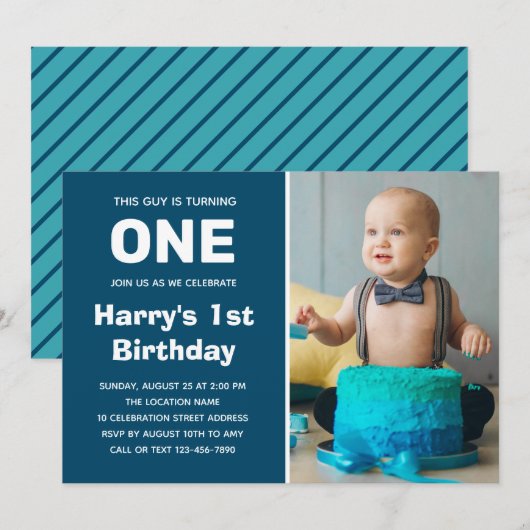 Foto 1st Birthday Invitation | Jongen eerste verja Kaart (Voorkant / Achterkant)
