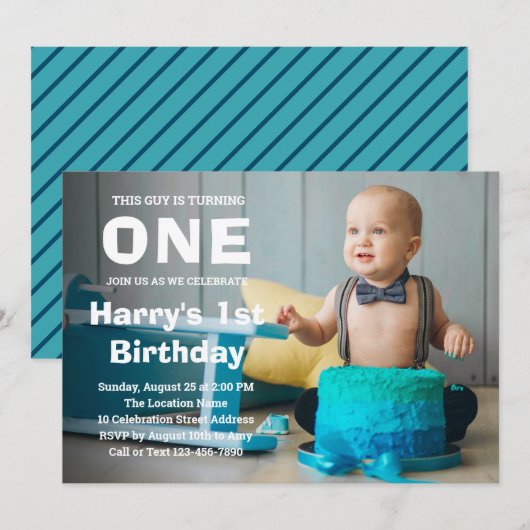 Foto 1st Birthday Invitation | Jongen eerste verja Kaart (Voorkant / Achterkant)
