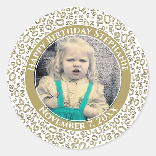 Foto | 20e Willekeurig Nummerpatroon Goud/Wit Ronde Sticker (Voorkant)