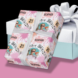 Foto 21e verjaardag Roze Perzik Paint Spletters Cadeaupapier