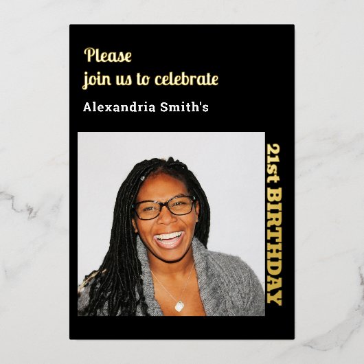 Foto 21st Birthday Black Gold Foil Invitation Folie Uitnodiging (Voorkant)
