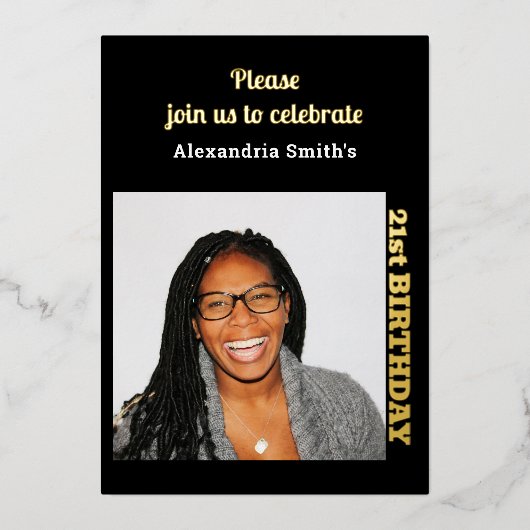 Foto 21st Birthday Black Gold Folie Uitnodiging (Voorkant)