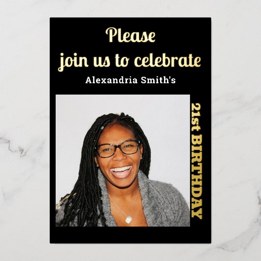 Foto 21st Birthday Black Gold Folie Uitnodiging (Voorkant)